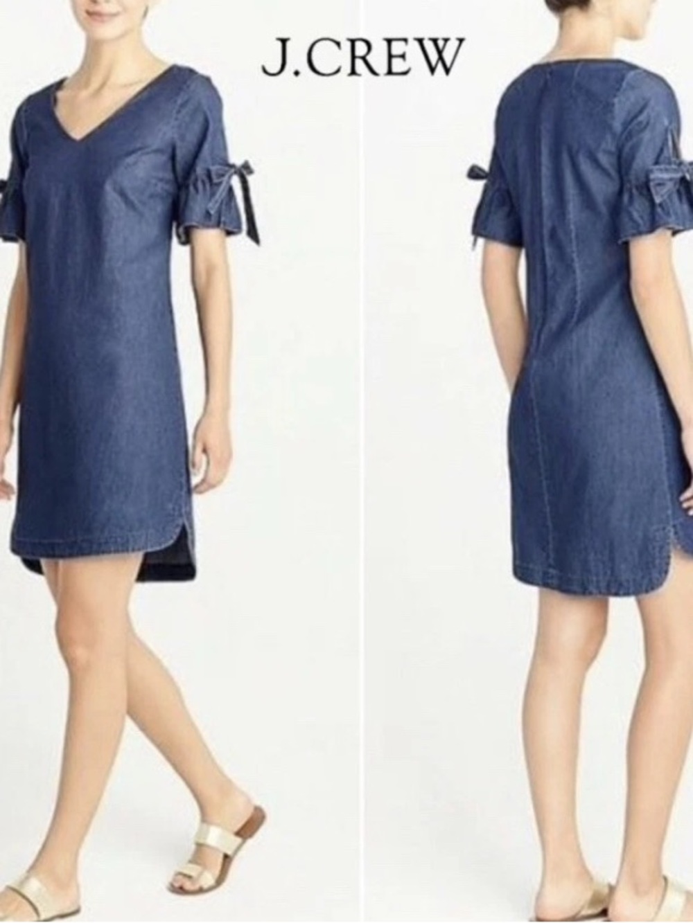J.Crew Dark Chambray Tie Bell Sleeve Shift Dress denim blue 100% cotton natural